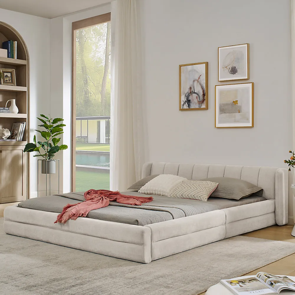 Lit double 160x200 cm, chenille, cadre eucalyptus/fer - beige>Blackcolors New