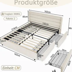 Lit double 140x200 cm, chenille, 4 tiroirs - beige><noscript><img width=