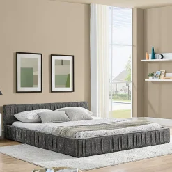 Blackcolors Lit double 140x200 cm, chenille veloutée, bois eucalyptus, cadre fer - gris foncé* Lit Coffre