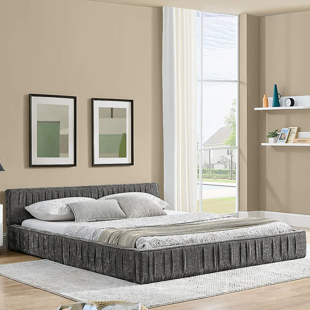 Blackcolors Lit double 140x200 cm, chenille veloutée, bois eucalyptus, cadre fer - gris foncé* Lit Coffre