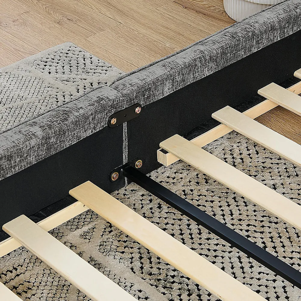 Blackcolors Lit double 140x200 cm, chenille veloutée, bois eucalyptus, cadre fer - gris foncé* Lit Coffre