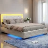 Lit double 160x200 cm cuir polyuréthane blanc, capitonné cristal, coffre de rangement hydraulique, ports USB et LED ambiance.>Simple Life Clearance