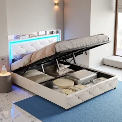 Lit double 160x200 cm cuir polyuréthane blanc, capitonné cristal, coffre de rangement hydraulique, ports USB et LED ambiance.>Simple Life Clearance