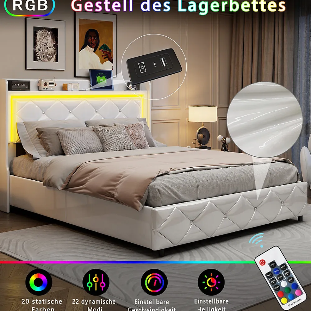 Lit double 160x200 cm cuir polyuréthane blanc, capitonné cristal, coffre de rangement hydraulique, ports USB et LED ambiance.>Simple Life Clearance