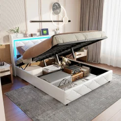 Lit double 160x200 cm cuir polyuréthane blanc, capitonné cristal, coffre de rangement hydraulique, ports USB et LED ambiance.><noscript><img width=