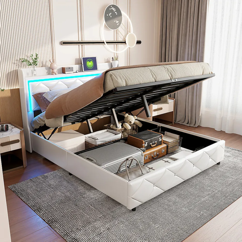 Lit double 160x200 cm cuir polyuréthane blanc, capitonné cristal, coffre de rangement hydraulique, ports USB et LED ambiance.>Simple Life Clearance