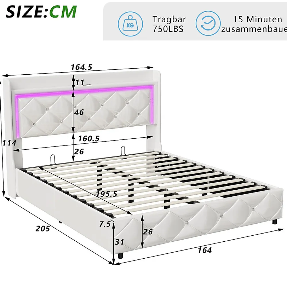 Lit double 160x200 cm cuir polyuréthane blanc, capitonné cristal, coffre de rangement hydraulique, ports USB et LED ambiance.>Simple Life Clearance