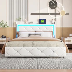 Lit double 160x200 cm cuir polyuréthane blanc, capitonné cristal, coffre de rangement hydraulique, ports USB et LED ambiance.><noscript><img width=