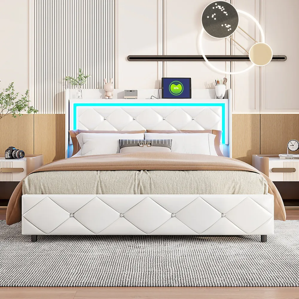 Lit double 160x200 cm cuir polyuréthane blanc, capitonné cristal, coffre de rangement hydraulique, ports USB et LED ambiance.>Simple Life Clearance