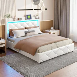 Lit double 160x200 cm cuir polyuréthane blanc, capitonné cristal, coffre de rangement hydraulique, ports USB et LED ambiance.><noscript><img width=