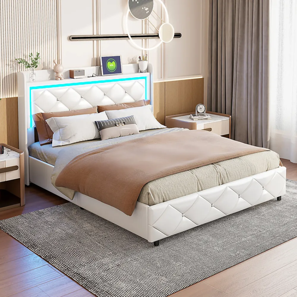 Lit double 160x200 cm cuir polyuréthane blanc, capitonné cristal, coffre de rangement hydraulique, ports USB et LED ambiance.>Simple Life Clearance