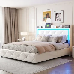Lit double 160x200 cm cuir polyuréthane blanc, capitonné cristal, coffre de rangement hydraulique, ports USB et LED ambiance.><noscript><img width=