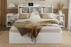 Lit double 140x200 cm en bois avec sommier tête de lit tiroirs tables de chevet chargeur sans fil et port Type C blanc><noscript><img width=