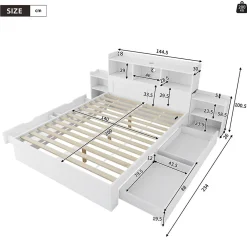 Lit double 140x200 cm en bois avec sommier tête de lit tiroirs tables de chevet chargeur sans fil et port Type C blanc><noscript><img width=