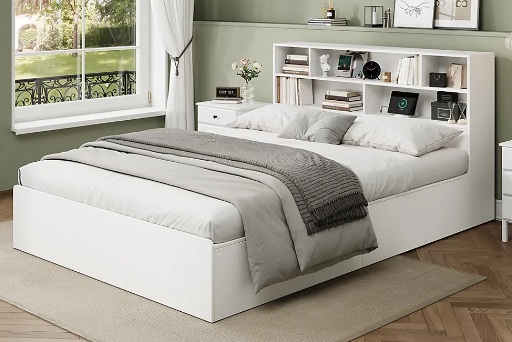 Redom Lit double 140x200 cm en bois massif avec port USB tiroirs et espace de rangement sous le lit blanc sans matelas* Lit Avec Rangement