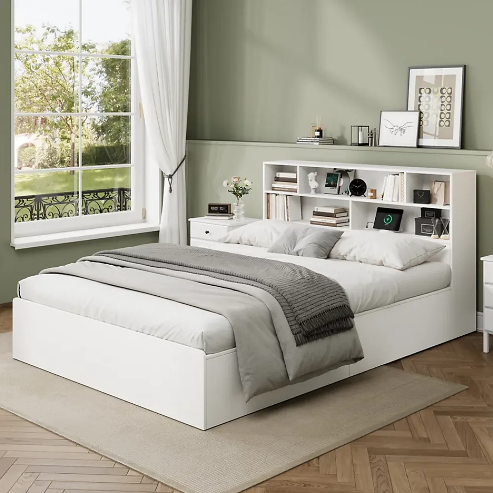 Redom Lit double 140x200 cm en bois massif avec port USB tiroirs et espace de rangement sous le lit blanc sans matelas* Lit Avec Rangement