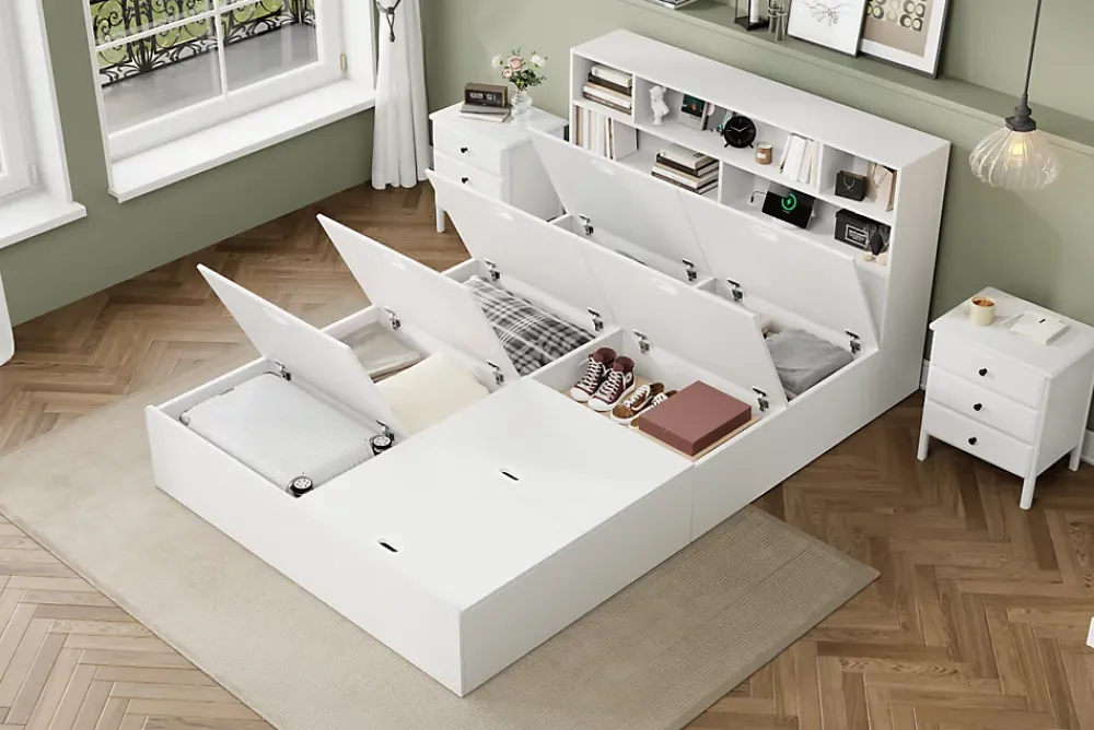 Redom Lit double 140x200 cm en bois massif avec port USB tiroirs et espace de rangement sous le lit blanc sans matelas* Lit Avec Rangement