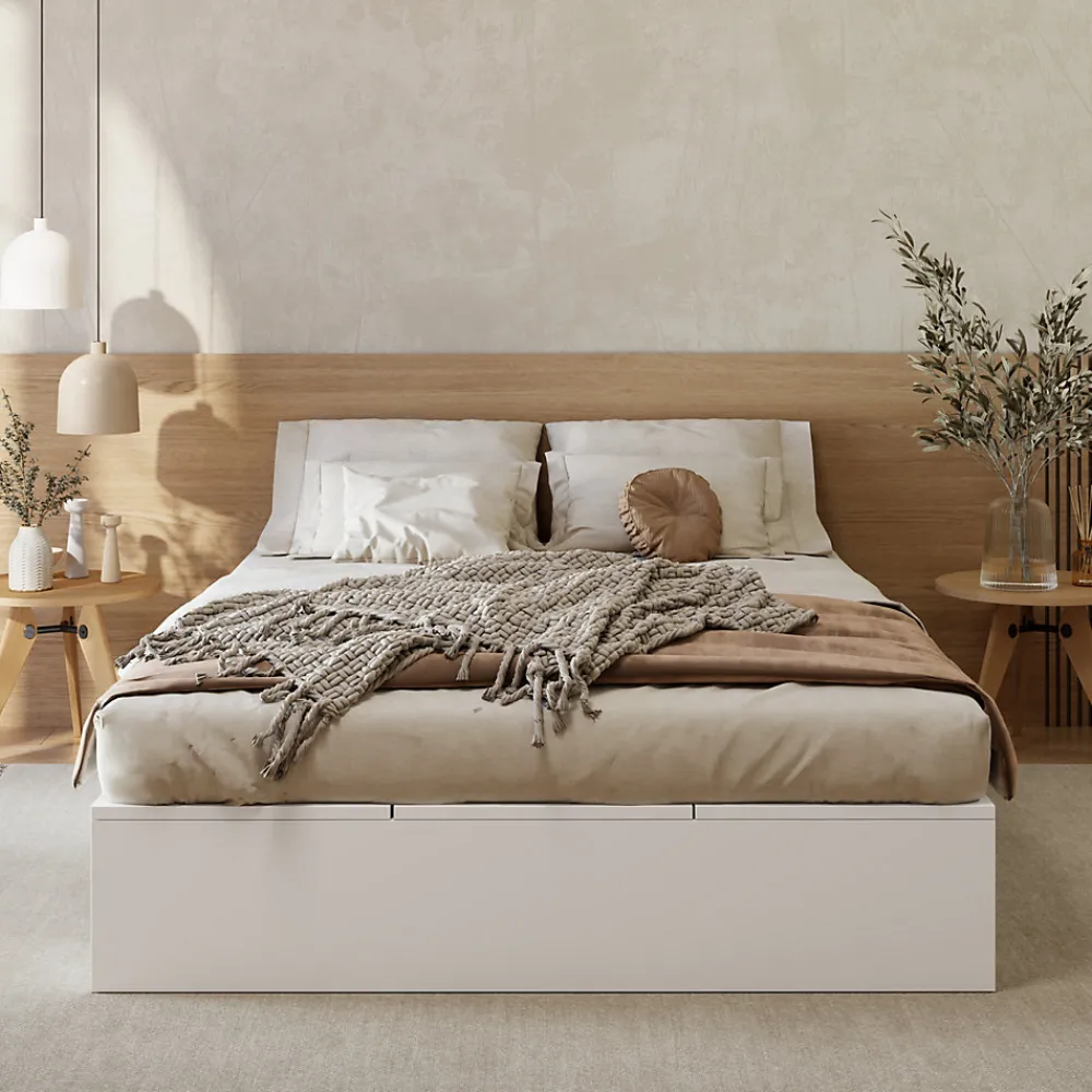 Lit double 140x200 cm en bois massif avec tiroirs et espace de rangement sous le lit blanc sans matelas>Redom Hot
