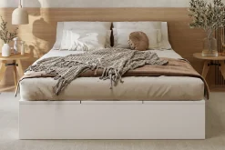 Lit double 140x200 cm en bois massif avec tiroirs et espace de rangement sous le lit blanc sans matelas><noscript><img width=