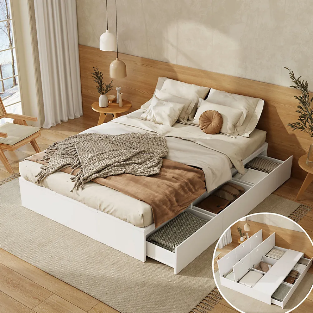 Lit double 140x200 cm en bois massif avec tiroirs et espace de rangement sous le lit blanc sans matelas>Redom Hot