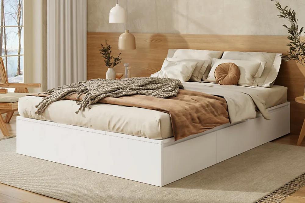 Lit double 140x200 cm en bois massif avec tiroirs et espace de rangement sous le lit blanc sans matelas>Redom Hot