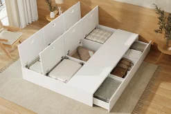 Lit double 140x200 cm en bois massif avec tiroirs et espace de rangement sous le lit blanc sans matelas><noscript><img width=
