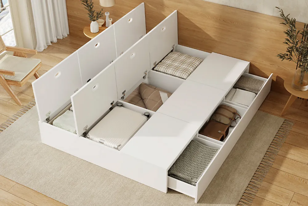 Lit double 140x200 cm en bois massif avec tiroirs et espace de rangement sous le lit blanc sans matelas>Redom Hot