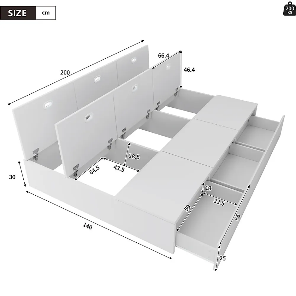 Lit double 140x200 cm en bois massif avec tiroirs et espace de rangement sous le lit blanc sans matelas>Redom Hot