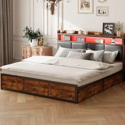 ProximaX Lit double 180x200 cm en fer avec revêtement PU noir mat effet tigre, tête de lit avec rangement et barre LED* Lit Coffre