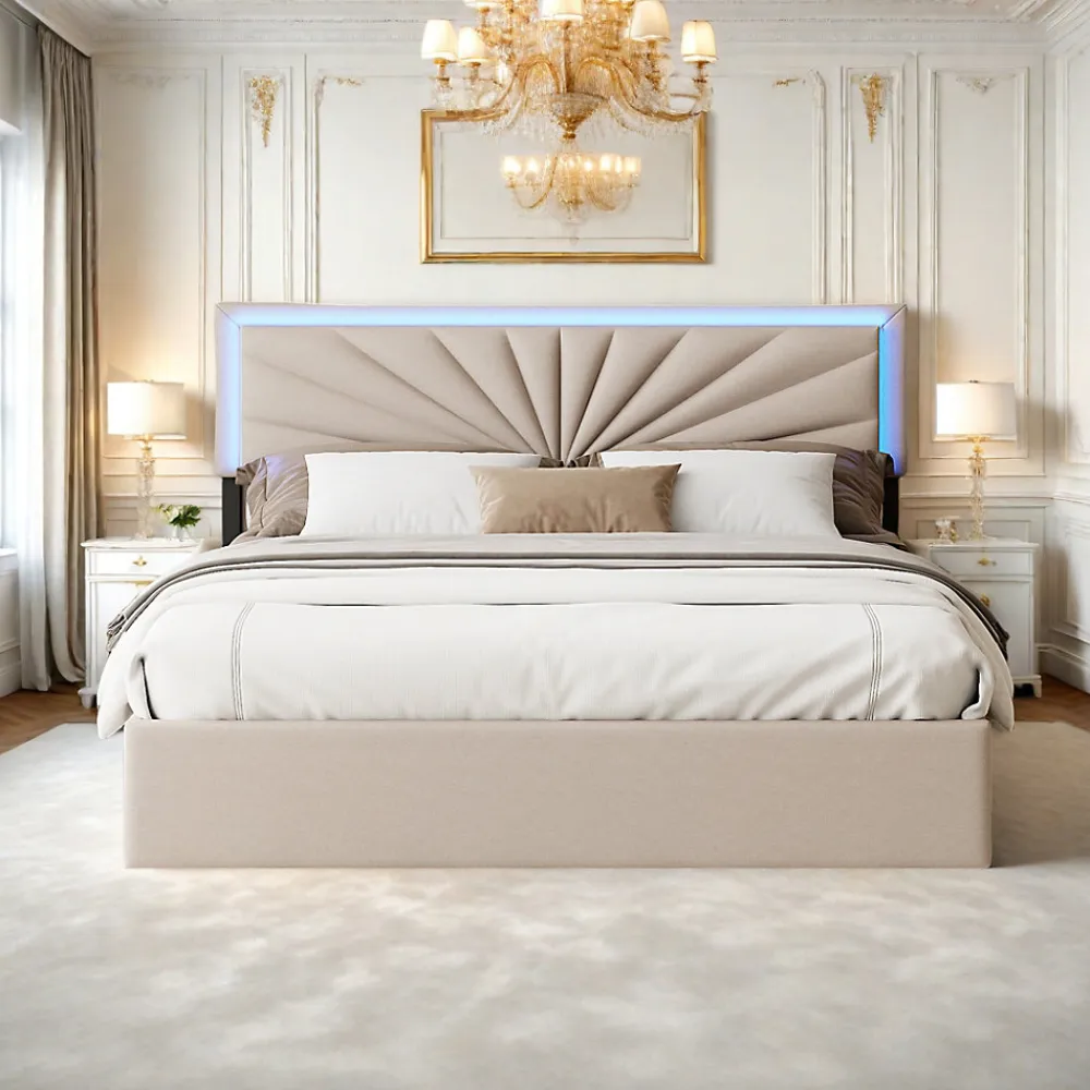 Lit double 160x200 cm en lin avec LED, sommier à lattes robuste, 4 tiroirs intégrés, design moderne pour 2 personnes>ProximaX Online