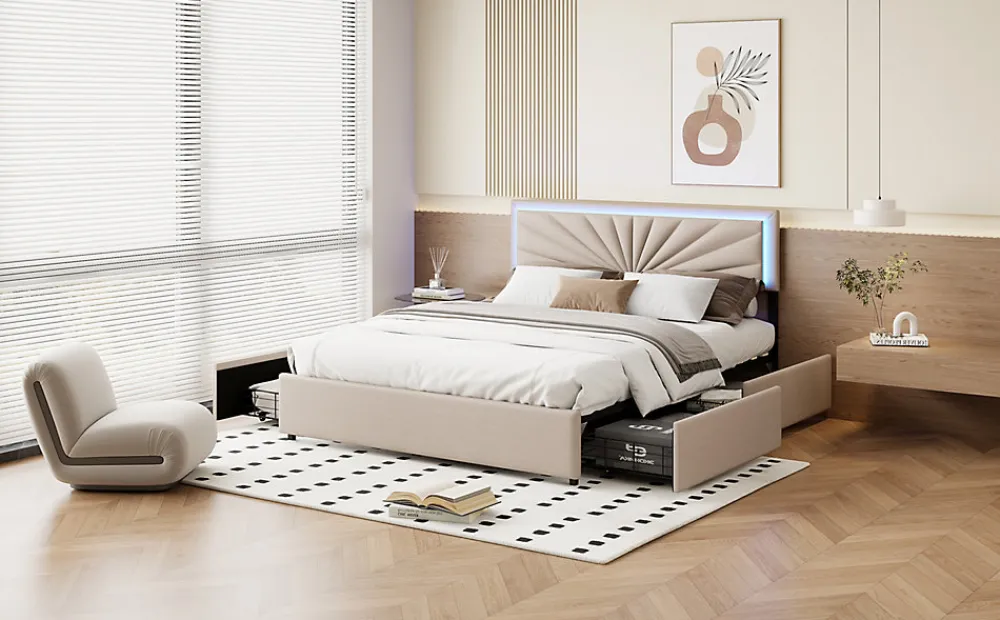 Lit double 160x200 cm en lin avec LED, sommier à lattes robuste, 4 tiroirs intégrés, design moderne pour 2 personnes>ProximaX Online