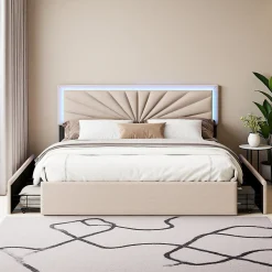 Lit double 160x200 cm en lin avec LED, sommier à lattes robuste, 4 tiroirs intégrés, design moderne pour 2 personnes><noscript><img width=