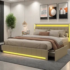 Lit double 140x190 cm en lin avec LED, USB, 4 tiroirs de rangement et sommier à lattes, facile à assembler, sans matelas, Beige>ProximaX New