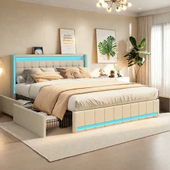 Lit double 140x190 cm en lin avec LED, USB, 4 tiroirs de rangement et sommier à lattes, facile à assembler, sans matelas, Beige>ProximaX New