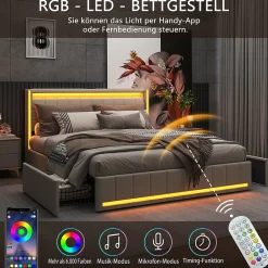 Lit double 140x190 cm en lin avec LED, USB, 4 tiroirs de rangement et sommier à lattes, facile à assembler, sans matelas, Beige><noscript><img width=