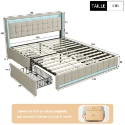 Lit double 140x190 cm en lin avec LED, USB, 4 tiroirs de rangement et sommier à lattes, facile à assembler, sans matelas, Beige><noscript><img width=