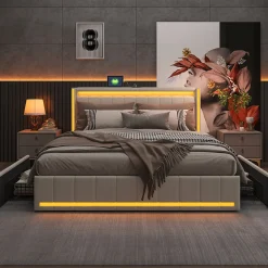Lit double 140x190 cm en lin avec LED, USB, 4 tiroirs de rangement et sommier à lattes, facile à assembler, sans matelas, Beige><noscript><img width=