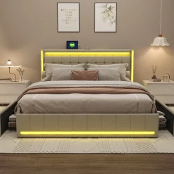 Lit double 140x190 cm en lin avec LED, USB, 4 tiroirs de rangement et sommier à lattes, facile à assembler, sans matelas, Beige><noscript><img width=