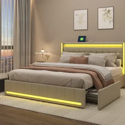 Lit double 140x190 cm en lin avec LED, USB, 4 tiroirs de rangement et sommier à lattes, facile à assembler, sans matelas, Beige><noscript><img width=