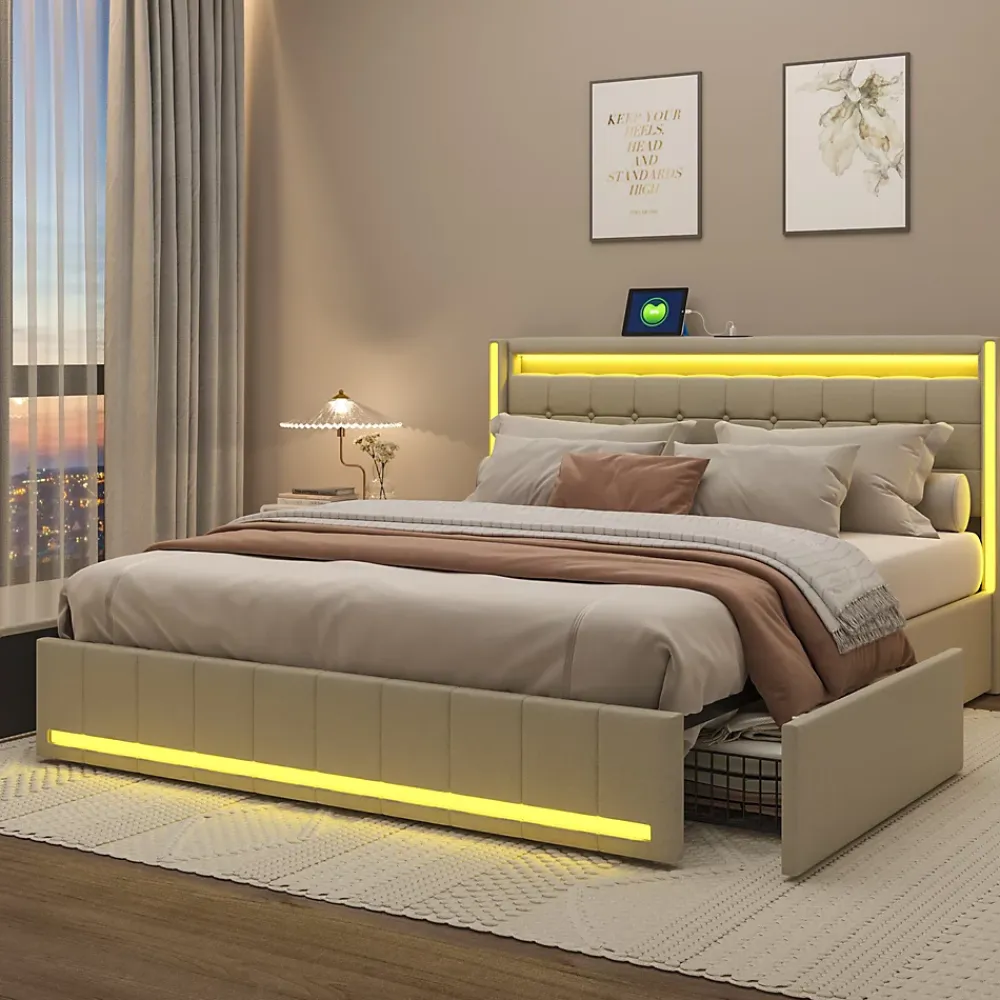 ProximaX Lit double 140x190 cm en lin avec LED, USB, 4 tiroirs de rangement et sommier à lattes, facile à assembler, sans matelas, Beige* Lit Coffre