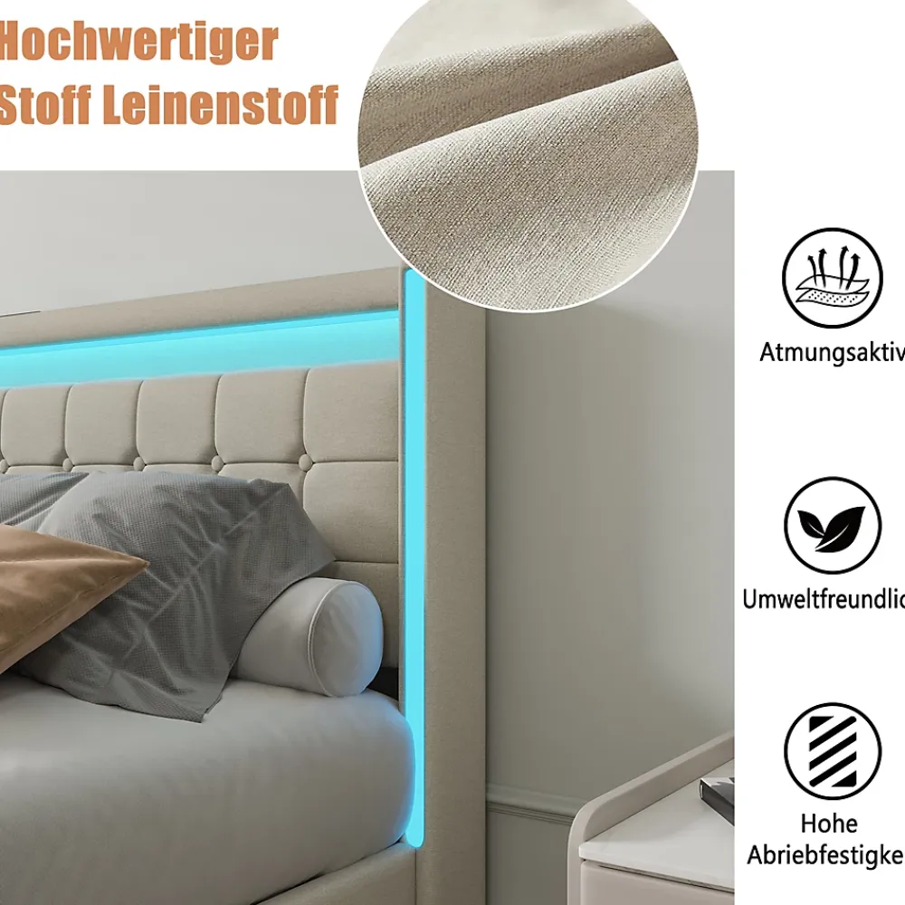 ProximaX Lit double 140x190 cm en lin avec LED, USB, 4 tiroirs de rangement et sommier à lattes, facile à assembler, sans matelas, Beige* Lit Coffre