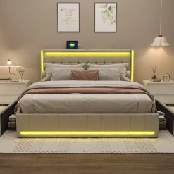 ProximaX Lit double 140x190 cm en lin avec LED, USB, 4 tiroirs de rangement et sommier à lattes, facile à assembler, sans matelas, Beige* Lit Coffre