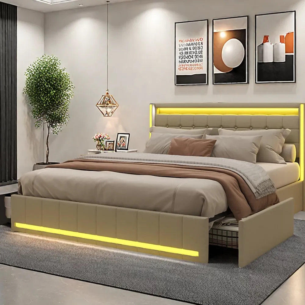 ProximaX Lit double 140x190 cm en lin avec LED, USB, 4 tiroirs de rangement et sommier à lattes, facile à assembler, sans matelas, Beige* Lit Coffre