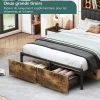 Lit double 140x200 cm en lin beige avec tête de lit LED, ports USB et Type-C, sommier à lattes et rangement intégré>Generique New