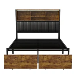 Lit double 140x200 cm en lin beige avec tête de lit LED, ports USB et Type-C, sommier à lattes et rangement intégré><noscript><img width=
