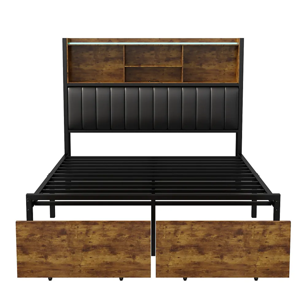 Lit double 140x200 cm en lin beige avec tête de lit LED, ports USB et Type-C, sommier à lattes et rangement intégré>Generique New