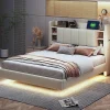 Lit double 140x200 cm en lin beige avec cadre métal, tête réversible avec étagères, port USB et bande lumineuse>ProximaX