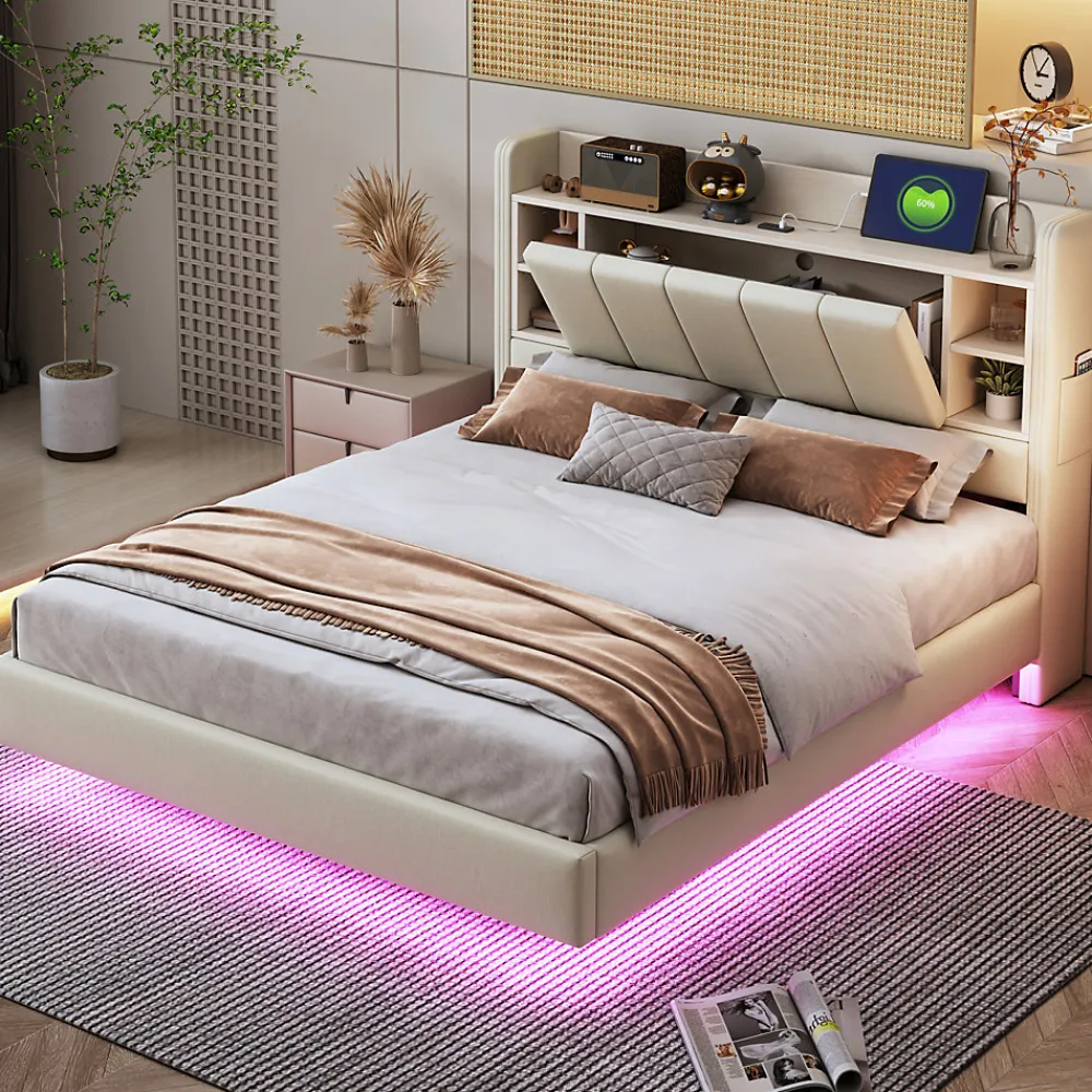 Lit double 140x200 cm en lin beige avec cadre métal, tête réversible avec étagères, port USB et bande lumineuse>ProximaX