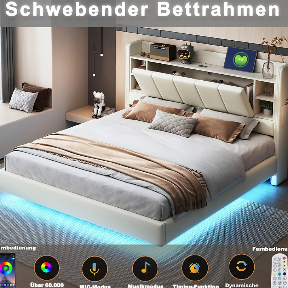 Lit double 140x200 cm en lin beige avec cadre métal, tête réversible avec étagères, port USB et bande lumineuse>ProximaX