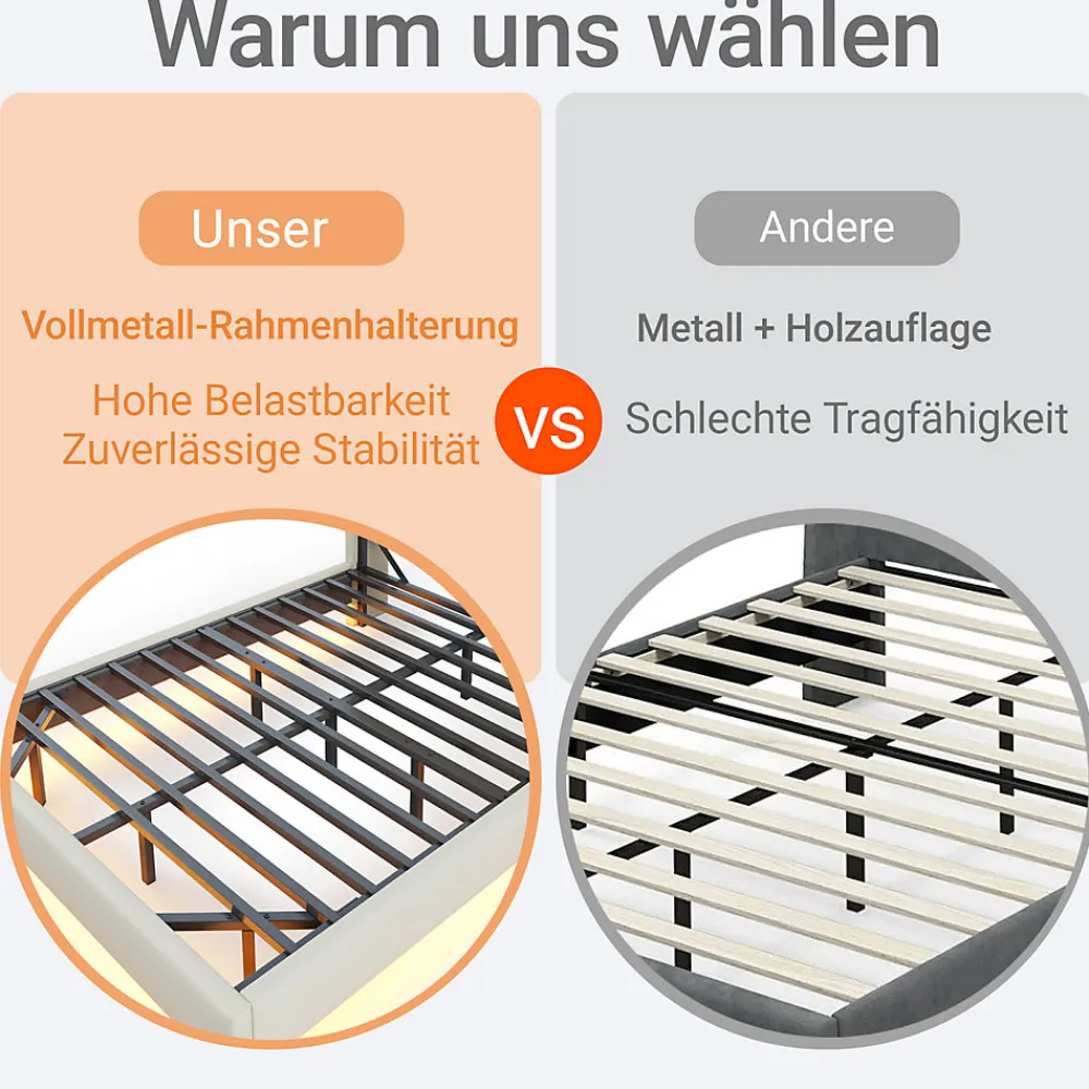 Lit double 140x200 cm en lin beige avec cadre métal, tête réversible avec étagères, port USB et bande lumineuse>ProximaX